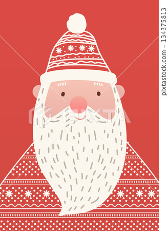 Santa Christmas character festive red background cute bearded face patterned hat winter holiday minimal flat style 134375813