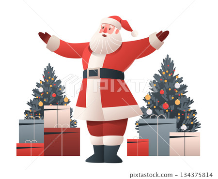 Santa Christmas celebration festive gifts decorated trees presents open arms winter holiday scene white background Santa Christmas celebration festive gifts decorated trees presents open arms winter holiday scene white background 134375814