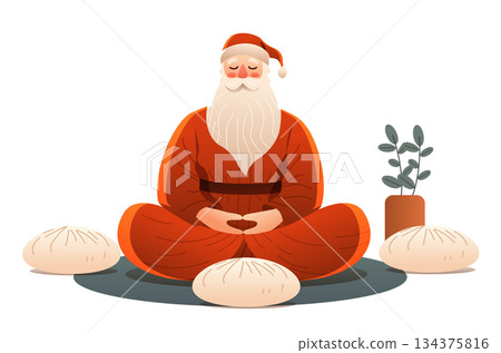 Santa Claus meditation Christmas relaxation calm holiday scene peaceful sitting cross-legged surrounded by pillows houseplant white background 134375816