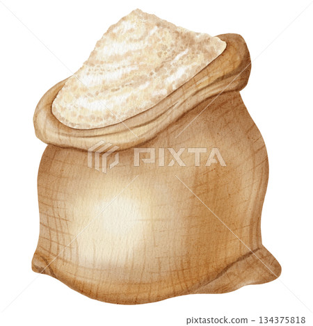 Watercolor illustration of a sack filled with wheat flour. Ideal for packaging baked goods, agricultural products, harvests, and natural products. 134375818