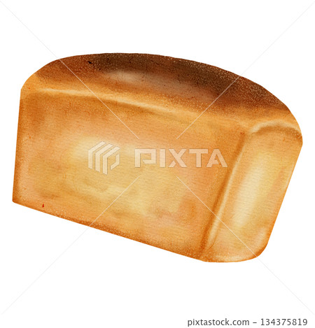 Watercolor illustration of a square loaf of white bread, often used for toast or sandwiches. Bakery products. Perfect for bakery branding, menu design, food packaging, cookbooks, and recipes. 134375819
