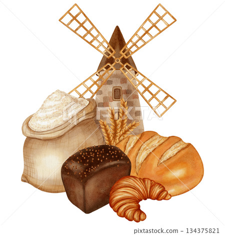 Watercolor illustration featuring a mill, flour, bread, buns, and a croissant. Ideal for branding, packaging, and harvesting, as well as advertising bakery, farm, organic products, cookbooks, recipes Watercolor illustration featuring a mill, flour, bread, buns, and a croissant. Ideal for branding, packaging, and harvesting, as well as advertising bakery, farm, organic products, cookbooks, recipes 134375821