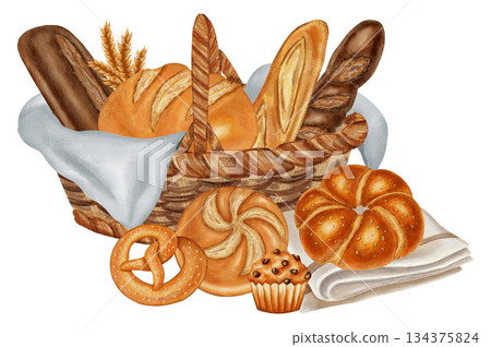 Watercolor illustration of a basket overflowing with different baked goods: dark and white bread, rolls, croissants, and muffins. Ideal for bakery menu, food packaging, cookbooks, recipes 134375824
