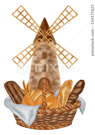 Watercolor Illustration: basket with assorted bread, a rustic mill, and a sack of flour. Perfect for comprehensive bakery and grain processing branding, menu, food packaging, cookbooks, recipes 134375825