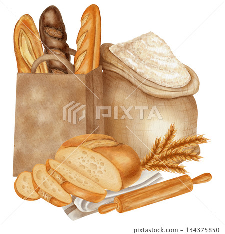 Watercolor illustration depicting a sack of flour and bread in a paper bag surrounded by various types of loaves and buns. Ideal for bakery branding, menus, food packaging, cookbooks, and recipes 134375850
