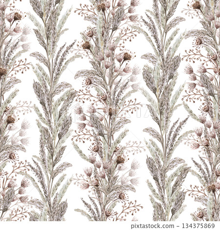 A seamless pattern with vertical rows of dried herbs and flowers. Watercolor illustration for eco-projects, posters, hotel design, and nature reserve websites. 134375869