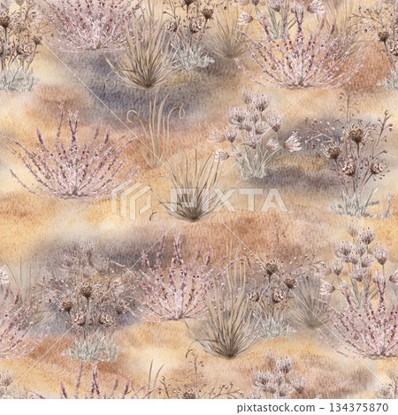 A seamless pattern with dried herbs and flowers on a beige-brown background. Watercolor illustration for eco-projects, posters, hotel designs, and nature reserve websites. 134375870