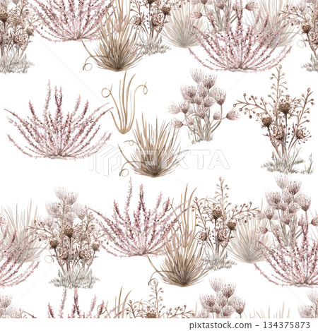 A seamless pattern with dried herbs and flowers. Watercolor illustration for eco-projects, posters, hotel designs, and nature reserve websites. A seamless pattern with dried herbs and flowers. Watercolor illustration for eco-projects, posters, hotel designs, and nature reserve websites. 134375873