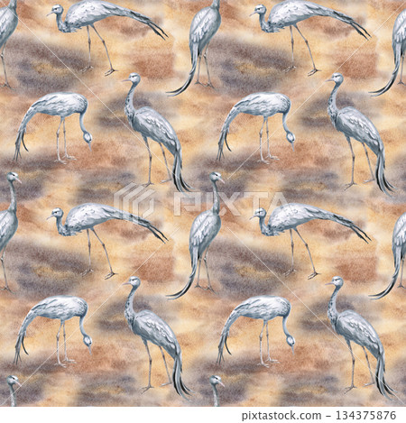 A seamless pattern with gray cranes on a beige-brown background. Watercolor illustration of the African savannah for eco-projects, posters, hotel designs, and nature reserve websites. A seamless pattern with gray cranes on a beige-brown background. Watercolor illustration of the African savannah for eco-projects, posters, hotel designs, and nature reserve websites. 134375876