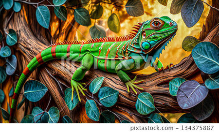 Vibrant green iguana perched in a lush tree.    Green iguana rests on a branch amidst a dense, tropical landscape.  134375887