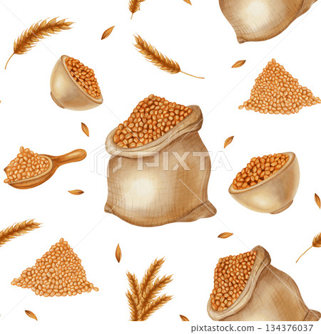 Watercolor seamless pattern with wheat and grains. Bags and bowls of grain, ears of wheat. Perfect for bakeries, packaging, and farm brands. Hand-drawn rustic design for food and agriculture. Watercolor seamless pattern with wheat and grains. Bags and bowls of grain, ears of wheat. Perfect for bakeries, packaging, and farm brands. Hand-drawn rustic design for food and agriculture. 134376037