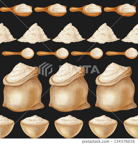 Watercolor seamless pattern with flour sacks, scoops, and bowls. Harvest. Perfect for bakeries, cafes, packaging, menu design, and organic product branding, cookbooks, and recipes. Harvest. Watercolor seamless pattern with flour sacks, scoops, and bowls. Harvest. Perfect for bakeries, cafes, packaging, menu design, and organic product branding, cookbooks, and recipes. Harvest. 134376038