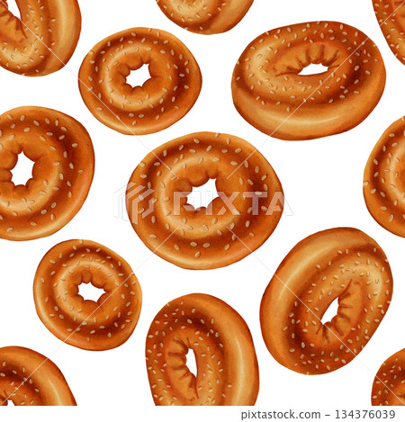 Donut. Watercolor seamless pattern with hand-drawn bagels. Perfect for bakeries, cafes, menu design, store packaging and branding, cookbooks, recipes, and textiles. Donut. Watercolor seamless pattern with hand-drawn bagels. Perfect for bakeries, cafes, menu design, store packaging and branding, cookbooks, recipes, and textiles. 134376039