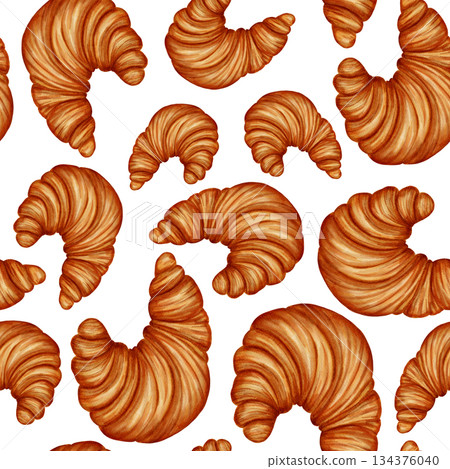 Watercolor seamless pattern with hand drawn croissants. Perfect for bakeries, cafes, packaging, branding, menu design, cookbooks, and recipes. Dessert. Baked goods. 134376040