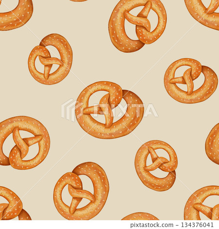 Watercolor seamless pattern featuring hand-drawn pretzels. Perfect for bakeries, cafes, packaging design, store menus and branding, textiles, cookbooks, and recipes. 134376041