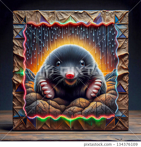Charming mole in a magical burrow with neon lights. A surreal depiction of a mole is featured within a vivid, framed image that resembles a diorama. 134376109