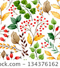 Watercolor autumn pattern with red rowan berries, rose hips and yellow leaves. 134376162