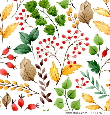 Watercolor autumn pattern with red rowan berries, rose hips and yellow leaves. Watercolor autumn pattern with red rowan berries, rose hips and yellow leaves. 134376162