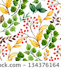 Watercolor seamless autumn pattern with red rowan berries and yellow leaves. 134376164