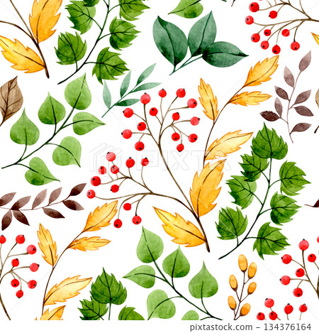 Watercolor seamless autumn pattern with red rowan berries and yellow leaves. 134376164