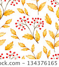 Watercolor autumn pattern with red rowan berries and yellow leaves 134376165