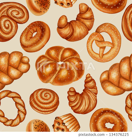 Watercolor seamless pattern with a variety of baked goods. Perfect for bakeries, coffee shops, packaging, branding, menu and design, cookbooks, and recipes. Hand-drawn bakery background. 134376225