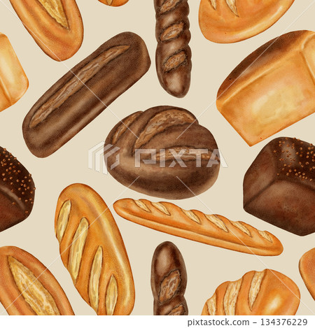 Watercolor seamless pattern with different loaves of bread. White and dark bread. Perfect for bakeries, coffee shops, menu design, packaging, store branding, backgrounds, cookbooks, and recipes. Watercolor seamless pattern with different loaves of bread. White and dark bread. Perfect for bakeries, coffee shops, menu design, packaging, store branding, backgrounds, cookbooks, and recipes. 134376229