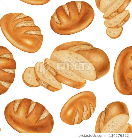 Seamless watercolor bread pattern with wheat and grains. White wheat bread. Perfect for bakeries, cafes, packaging, menus, food branding, and packaging. Hand-drawn illustration of baked goods. Seamless watercolor bread pattern with wheat and grains. White wheat bread. Perfect for bakeries, cafes, packaging, menus, food branding, and packaging. Hand-drawn illustration of baked goods. 134376232
