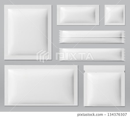Sachet mockup set with blank white foil pouches 134376307