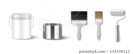 Paint bucket mockup set with roller and brushes Paint bucket mockup set with roller and brushes 134376311