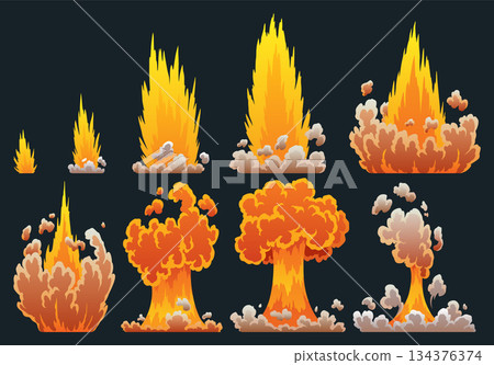 Explosion animation. Animation for game of the explosion effect. Cartoon animation for game. Exploding effect frames. Hand drawn vector illustration Explosion animation. Animation for game of the explosion effect. Cartoon animation for game. Exploding effect frames. Hand drawn vector illustration 134376374