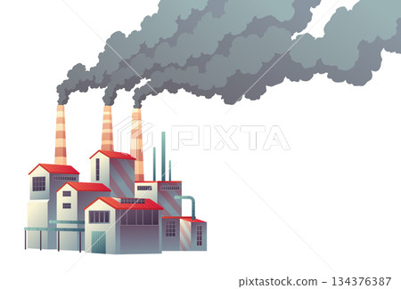 Pollution factory, plant pipes from which smoke comes out. Ecological disaster. Nature ecology elements and ecology problem concept in flat style 134376387