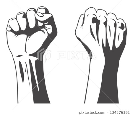 Rised fist hand gesture monochrome drawn emblem. Vector hand clenched into fist and rising up, symbol isolated on white background. Power sign. Human hand up in the air Rised fist hand gesture monochrome drawn emblem. Vector hand clenched into fist and rising up, symbol isolated on white background. Power sign. Human hand up in the air 134376391