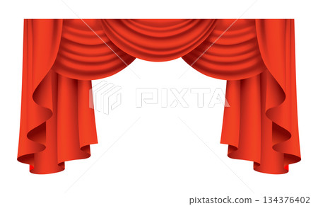 Red curtains realistic. Theater fabric silk decoration for movie cinema or opera hall. Curtains and draperies interior decoration object. Isolated on transparent for theater stage Red curtains realistic. Theater fabric silk decoration for movie cinema or opera hall. Curtains and draperies interior decoration object. Isolated on transparent for theater stage 134376402