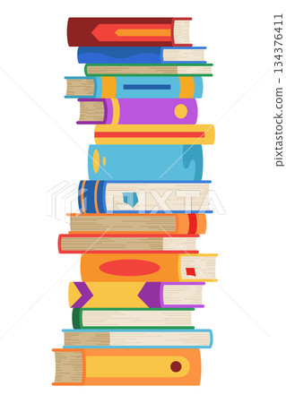 High book stacks or pile. Library textbooks and school literature heaps, dictionaries. Bookstore advertise. Cartoon stacked books angle view with different colorful covers isolated on white 134376411