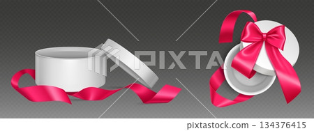 Luxury white round gift box with delicate pink bow 134376415