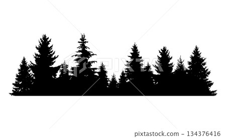 Fir trees silhouette. Coniferous spruce horizontal background pattern, black evergreen woods vector illustration. Beautiful hand drawn panorama of coniferous forest Fir trees silhouette. Coniferous spruce horizontal background pattern, black evergreen woods vector illustration. Beautiful hand drawn panorama of coniferous forest 134376416