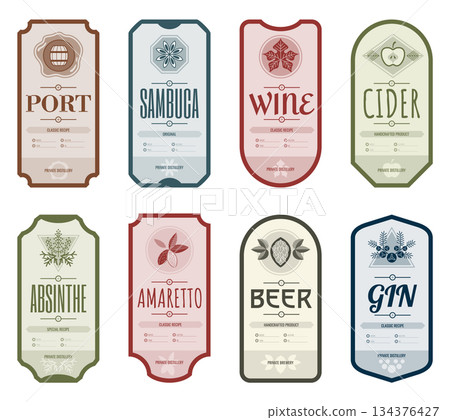 Set of vintage bottle label design with ethnic elements in thin line style 134376427