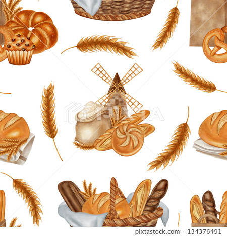Watercolor seamless pattern with bread, pastries, flour, and a mill. Perfect for bakeries, cafes, packaging, branding, menu design, cookbooks, and recipes. Harvest. Bakery products. Watercolor seamless pattern with bread, pastries, flour, and a mill. Perfect for bakeries, cafes, packaging, branding, menu design, cookbooks, and recipes. Harvest. Bakery products. 134376491