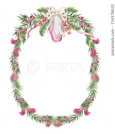 Christmas wreath of ballet flats bauble and yew branches in the oval shape. Hand painted watercolor. Pink and green create a dreamlike winter look. Perfect for festive frame template and card design. 134376620