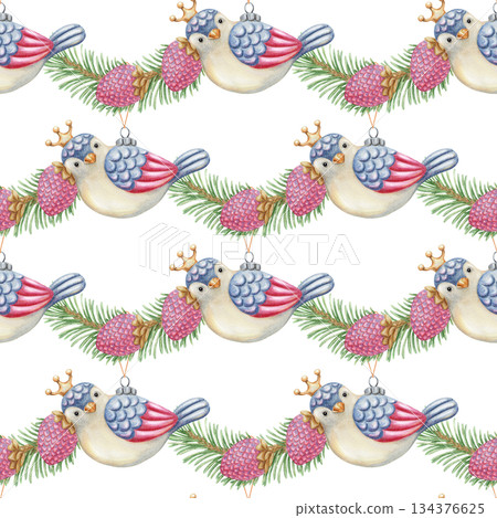Cute bird Christmas tree ornaments seamless pattern. Hand drawn watercolor spruce branch on white background creates a winter mood. Perfect for traditional textile design. Great for wrapping paper. 134376625