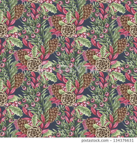 Pinecone with leaves Christmas seamless pattern. Hand drawn watercolor bouquet on navy blue background. Floral winter mood for traditional textile and wrap paper design. Perfect for holiday wallpaper. 134376631