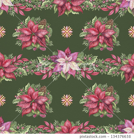 Poinsettia flower garland Christmas seamless pattern. Hand drawn watercolor on green background. Floral winter mood for traditional textile and wrap paper design. Perfect for bright holiday wallpaper. 134376638