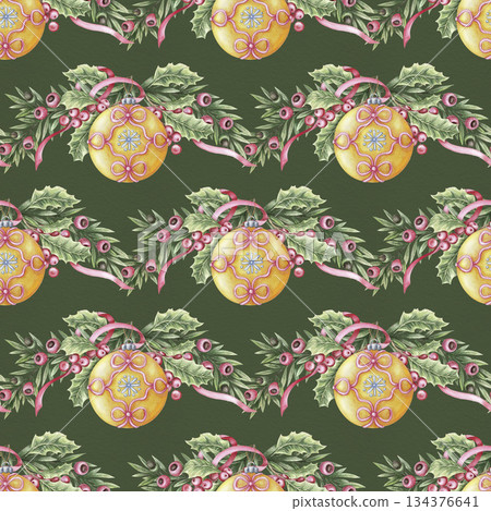 Yellow ball Christmas tree ornament seamless pattern in hand drawn watercolor. Bright branch on green background creates a winter mood. Perfect for traditional textile design. Great for wrap paper. 134376641