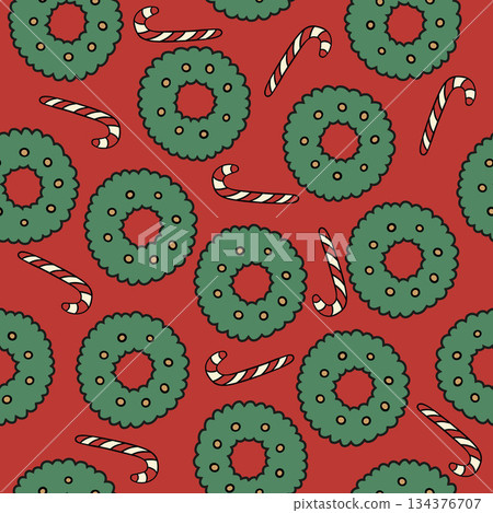 Vector isolated illustration of a pattern with Christmas wreaths and candies. Vector isolated illustration of a pattern with Christmas wreaths and candies. 134376707