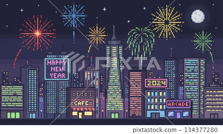 City Night View with High-Rise Buildings, Neon Lights, and Fireworks 134377280
