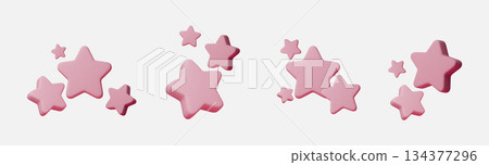 3D pink star icon set isolated on white background for rating and review design. Pink star symbols express five star rating, quality, reward and customer satisfaction for apps, UI and web interfaces. 134377296