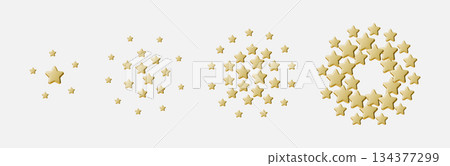 Gold star frame on background, gold star frame made of golden 3D stars forming a circular border. Festive gold star frame for awards, reviews, badges, celebrations and decorative design. 134377299