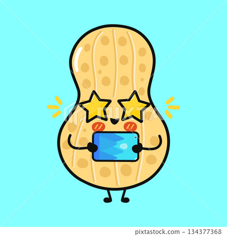 Cute star struck peanut character holding mobile phone 134377368