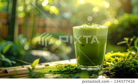 Matcha Latte in Light Green with Japanese Garden and Bamboo 134377416